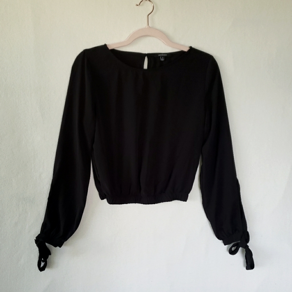 Ambiance Long Sleeve Black With Cinched Elastic Waist, Tie Cuffs, Keyhole Back